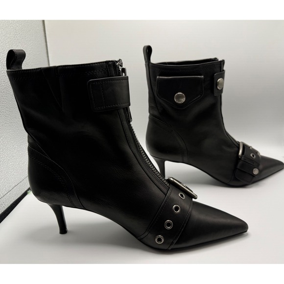 Kurt Geiger London Shoes - Kurt Geiger London Black Leather Buckle Zip Ankle Boots Kitten Heel Pointed Toe